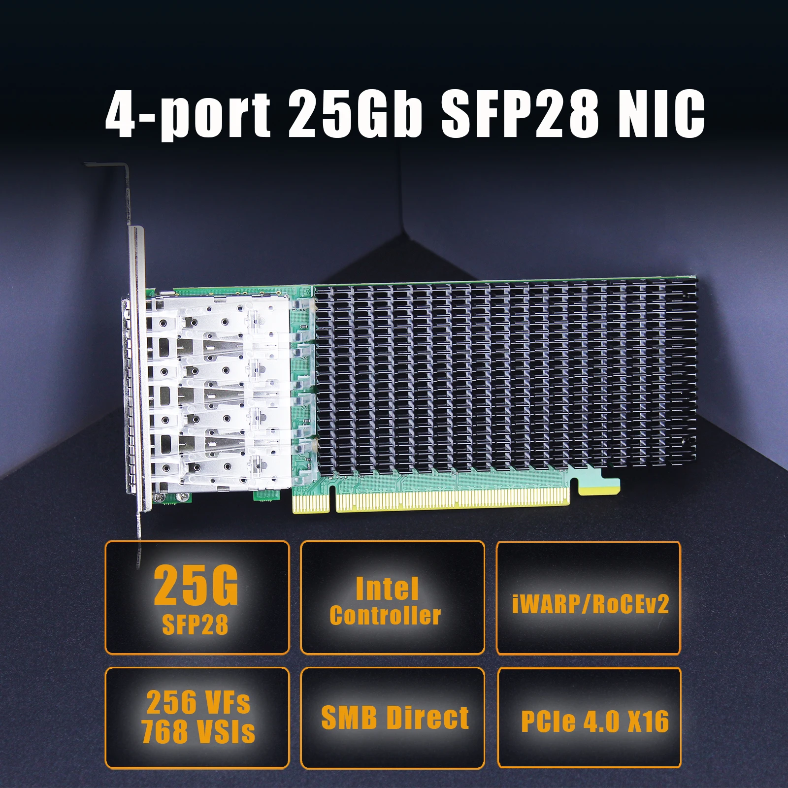 인텔 E810-CAM1 컨트롤러가 탑재된 4포트 25G SFP28 이더넷 네트워크 카드, PCIE 4.0 X16 인터페이스