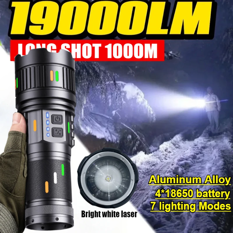 USB Rechargeable Powerful LED Flashlight 4*18650/4*181350 Battery White Laser Tactical Torch Luminous Strips Camping Lamp