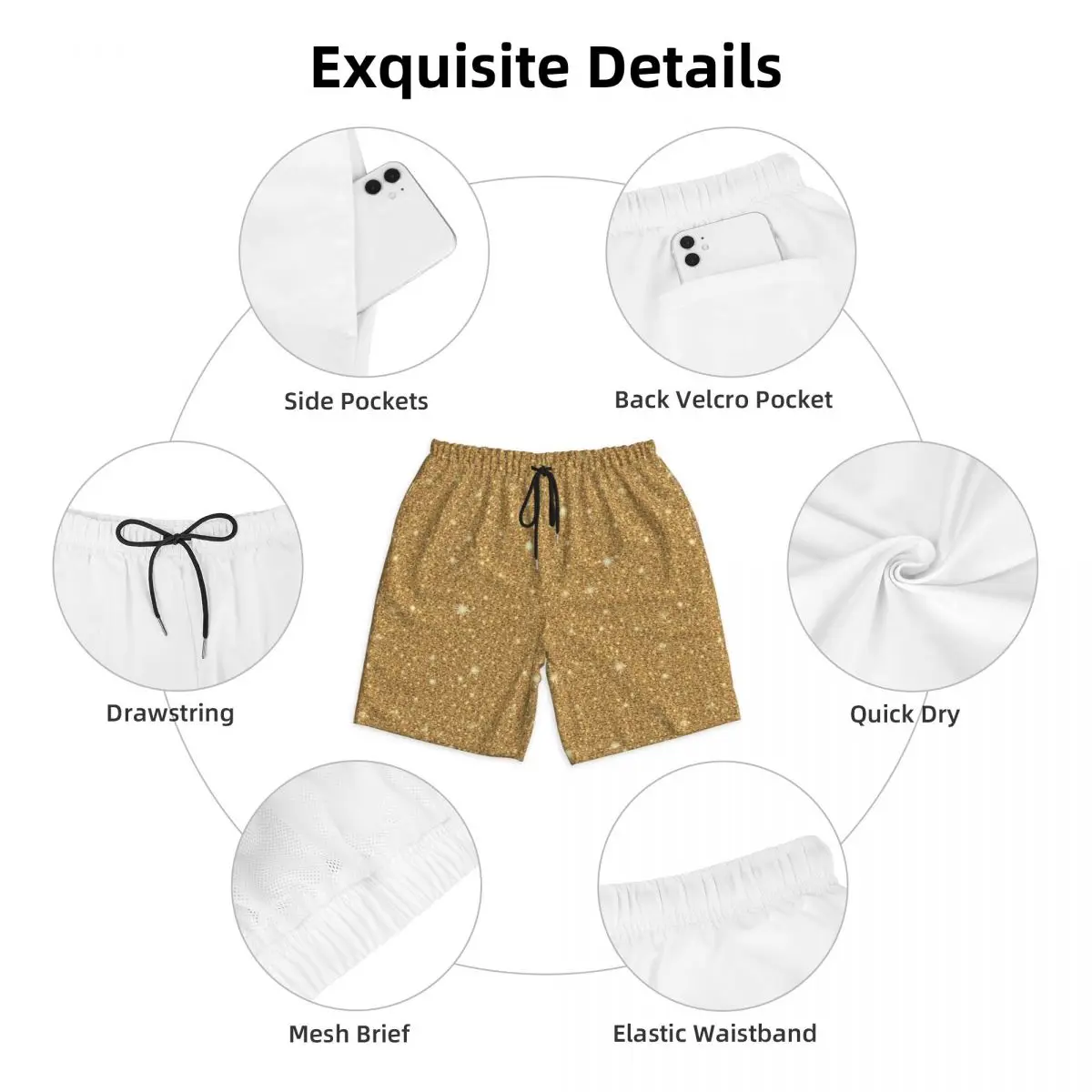 Sparkle Art Board Shorts Summer Glam Gold Glitter Sportswear Beach Shorts Males Quick Dry Casual Design Plus Size Swim Trunks 5