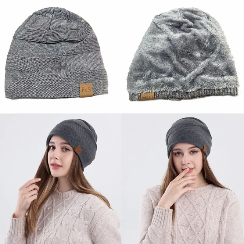 New Unisex Slouchy Winter Hats Add Fur Lined Men And Women Warm Beanie Cap Casual Label Decor Winter Knitted Hats