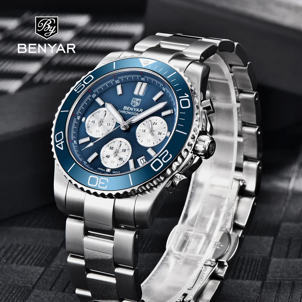 BENYAR Mens Watches 2023 Top Brand Luxury Quartz Wristwatches Sports Stainless Steel Sapphire Glass Luminous Clock Reloj Hombre