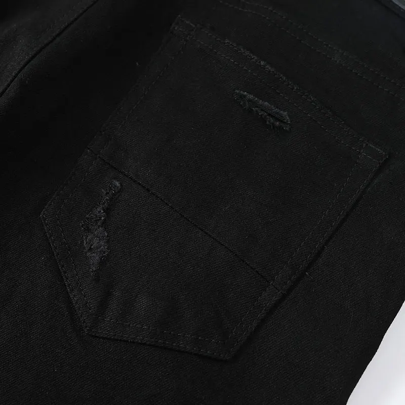 Latest Street Fashion Men's Jeans Vintage Washed Black Elastic Slim Fit Split Jeans Green Patch Designer Hip Hop High Quality Pa