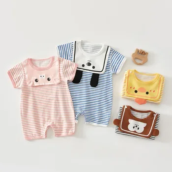 AYNIGIELL ملابس أطفال صيفية بأكمام قصيرة ملابس أطفال رفيعة بدلة قفز لطيفة بياقة من عمر 0 إلى 18 شهرًا للأطفال