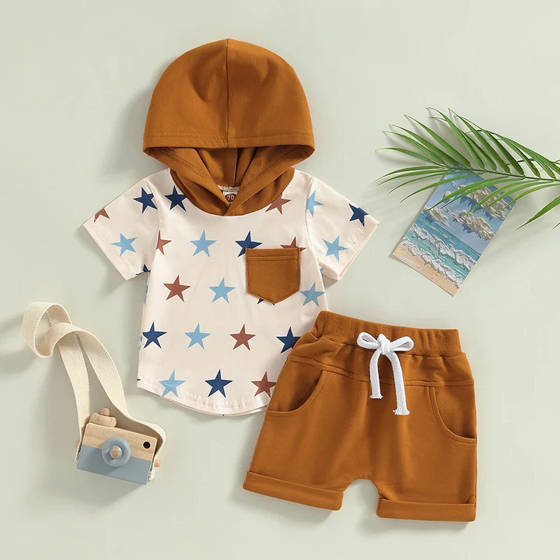 

Infant Baby Boys Short Sleeve T-shirts Pants Set Stars Print Pocket Hooded Tops with Elastic Waist Shorts Summer 2 Pieces Outfit