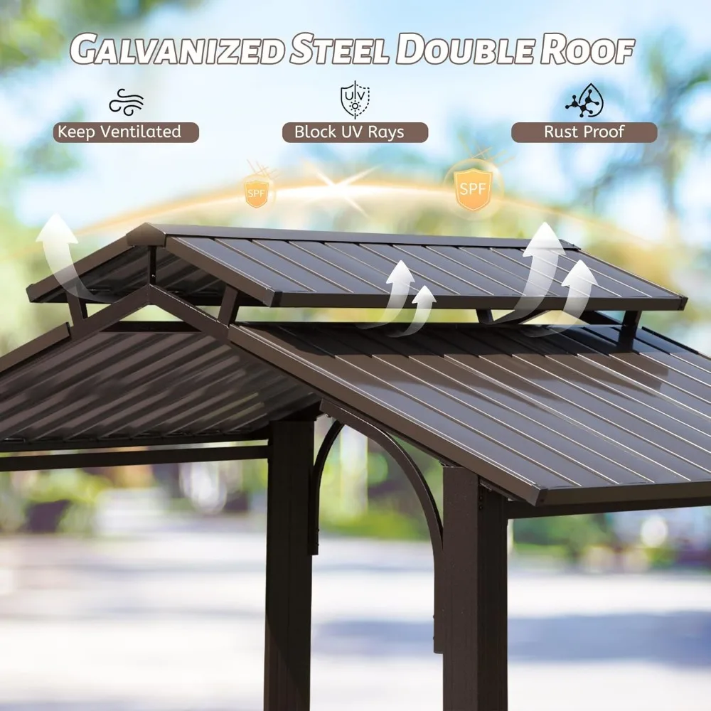8 x 5 ft hardtop BBQ gazebo, all-weather outdoor gazebo with 2 side frames and ceiling hooks, galvanized steel double roof