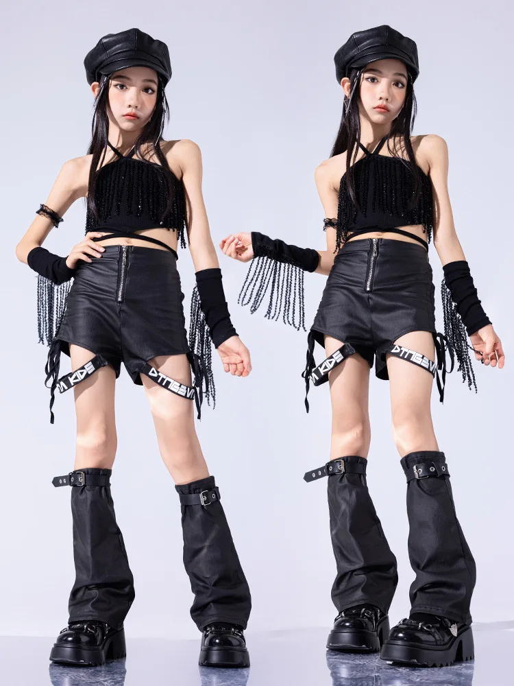 Hip Hop Kids Dancing Costume for Girls Child Party Show Black Leather Shorts T Shirts Pants JK Skirt Jazz Ballroom Dance Clothes