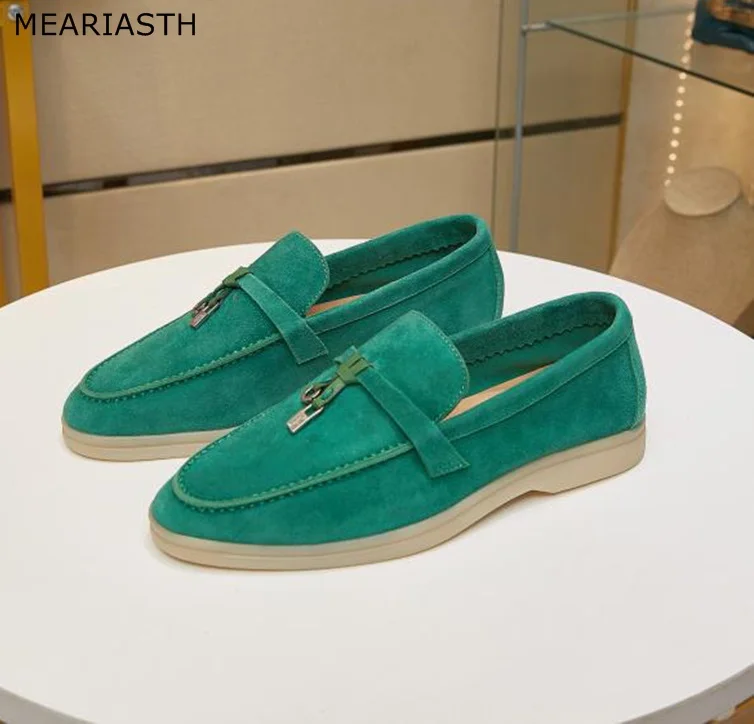 

Summer Walk Shoes Women LoafersSuede Casual Moccasin Metal Lock Leather Tassel Soft Flats Slip On Driving Shoes Fashion Mules