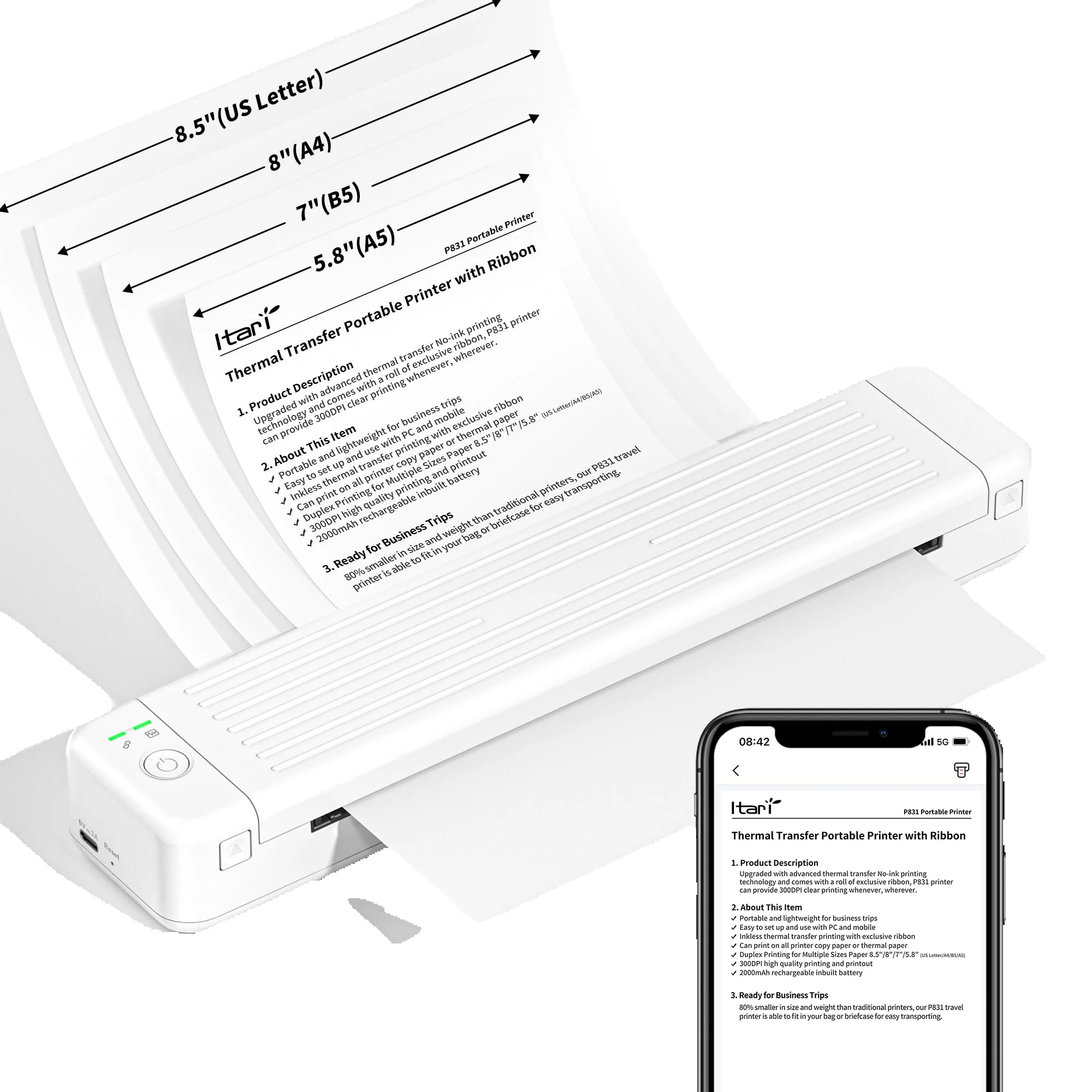 Imprimante Thermique Portable Sans Fil HPRT MT610 Pro - Compatible Smartphone Et PC, Papier 8.5x11", Légère (530g) - Parfaite Pour Voyages - 6