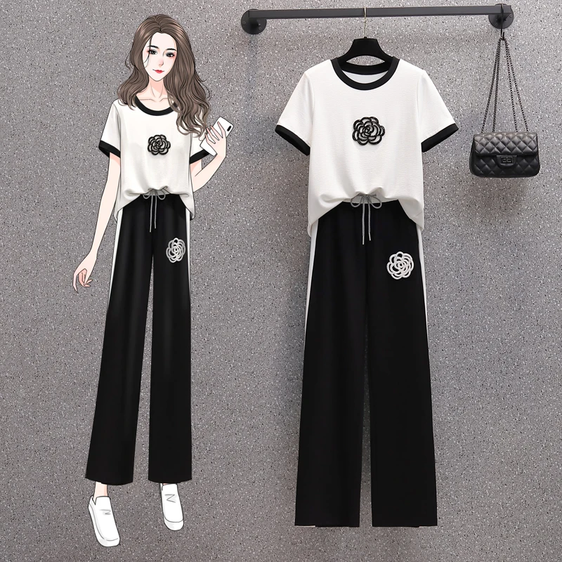 

2023New Summer Elegant Two Piece Set Women Korean Fashion Vintage Beaded Flowers Short Sleeve O-neck T-shirt+Wide Leg Pants Suit