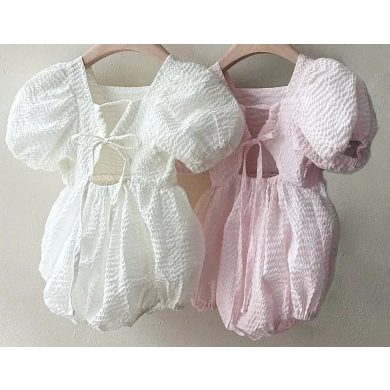 FOCUSNORM 4 Colors 0-18M Lovely Baby Girls Bubble Romper Short Puff Sleeve Square Neck Backless Newborn Playsuit baby rompers baby jumpsuit baby clothing