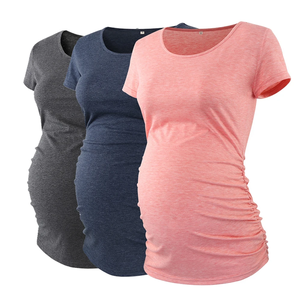 clearance maternity clothes Summer Maternity Clothes Short Sleeve Solid Tee Shirt Tops Pregnancy T-Shirt Casual Flattering Side Ruching Drop Shipping best Maternity Clothing