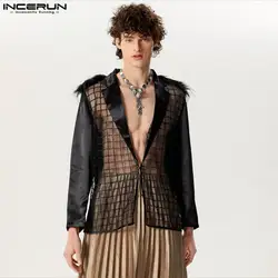 Fashion Casual Style Tops INCERUN Handsome New Men Plaid Patchwork Feather Suit Coats Personality Long Sleeved Blazer S-5XL 2024