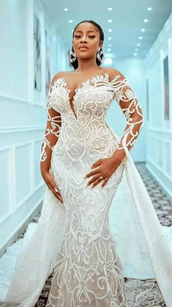 

Plus Size Mermaid Wedding Dress Detachable Train Beaded Lace Appliqued Bridal Gown Arabic Custom Made Robe De Mariage