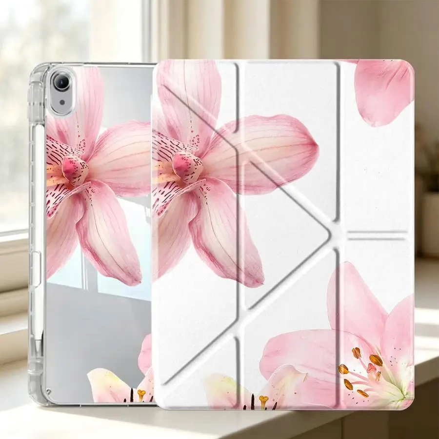 Pink Lily Flower Tablet Case with Pen Slot Cover