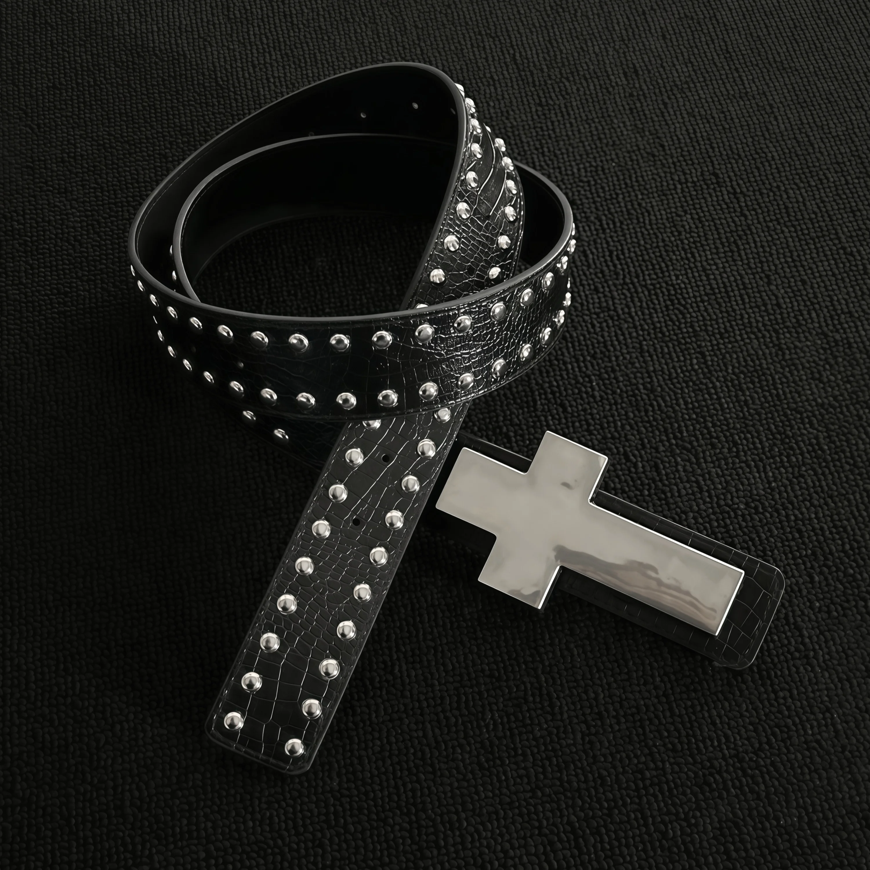 Crackle-Patterned Studded Metal Cross Belt, a Subcultural Gothic Punk Dark-Style Outfit Accessory