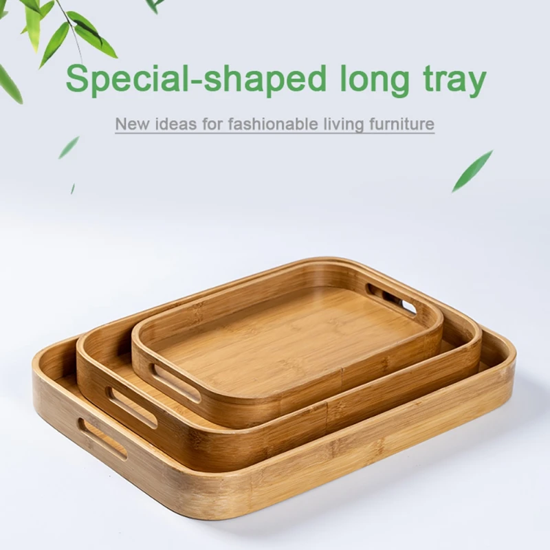 Rectangular Bamboo Wooden Tea Tray Solid Wood Serving Tray With Handle