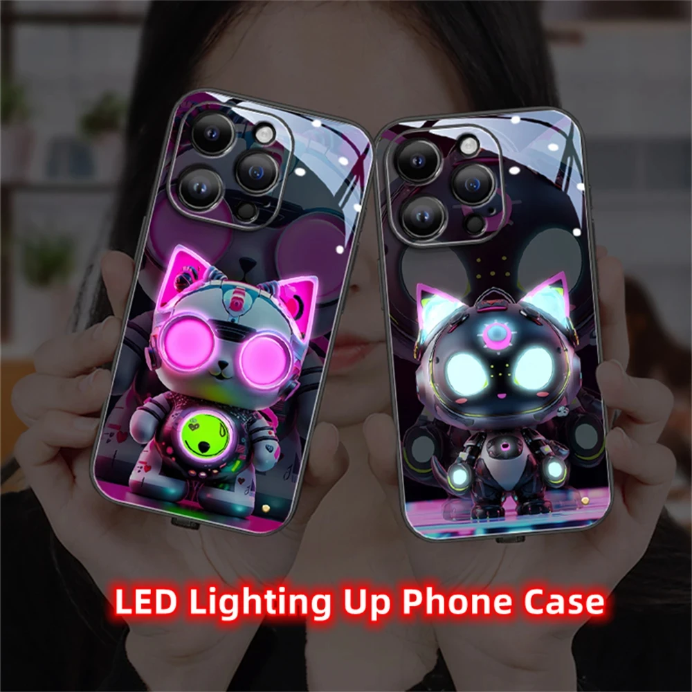 

Cute Punk Cat LED Light Glowing Luminous Tempered Glass Back Phone Case For Samsung S24 S23 S22 S21 S20 FE Note20 Plus Ultra A54