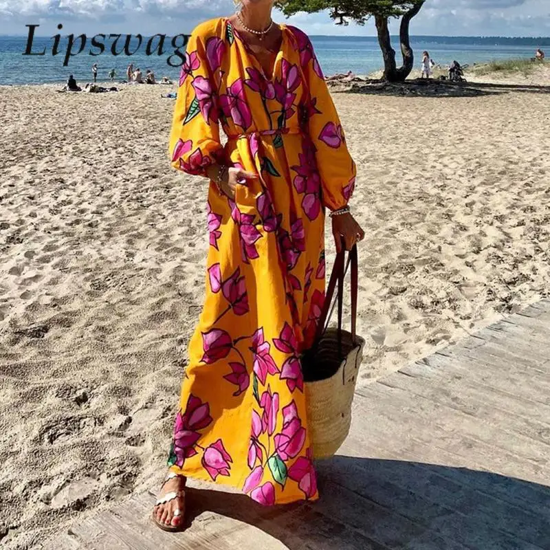 

Elegant Lantern Sleeve V Neck Beach Party Dress Women Casual Lace-up Loose Pullover Dresses Fashion Flower Print Boho Long Dress