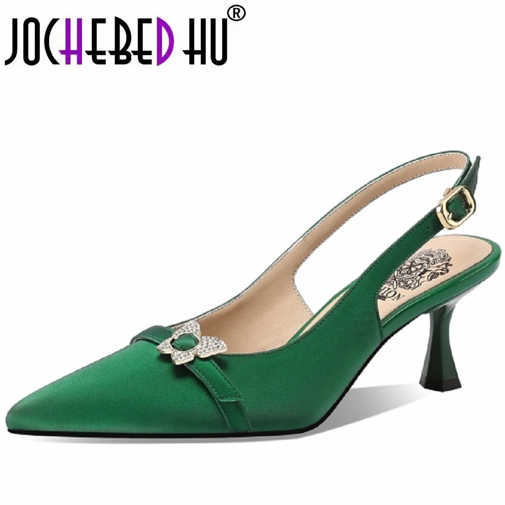 【JOCHEBED HU】Brand Genuine Leather Women Shoes Pointed Toe Slingback Ladies Pumps Thin Mid Heel Buckle Single Shoes 33-43