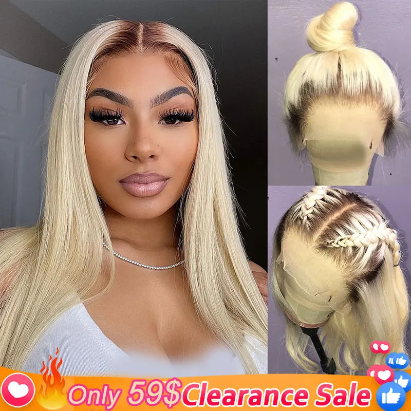 Ombre Blonde 613 Colored Lace Frontal Wig Brown Root Straight HD Lace Front Human Hair Wigs For Women Full Pre Plucked Brazilian