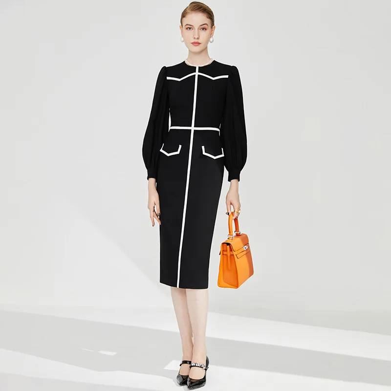

High end temperament dress Women's autumn and winter new French professional celebrity small fragrant lantern sleeve long skirt