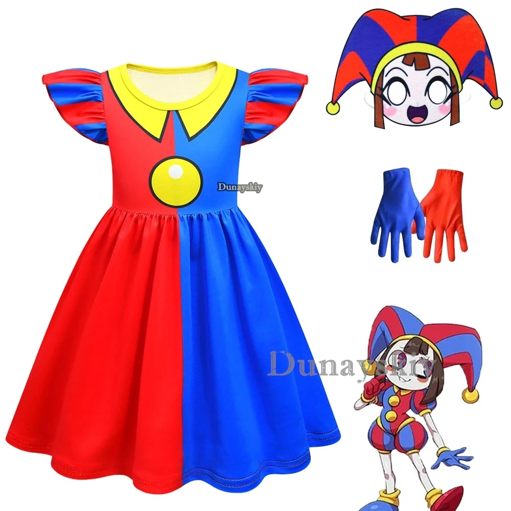 

Цифровой Детский костюм для косплея цирковой тематики, платье принцессы помни для девочек, маска, перчатки, детское летнее мультяшное платье на Хэллоуин
