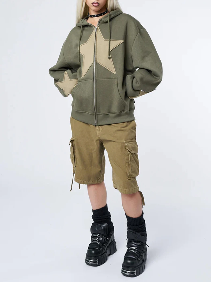 

Women's Print Zip Up Drawstring Hoodie Autumn Winter Casual Hooded Long Sleeve Sweatshirts Star Green Zip Up Hoodie