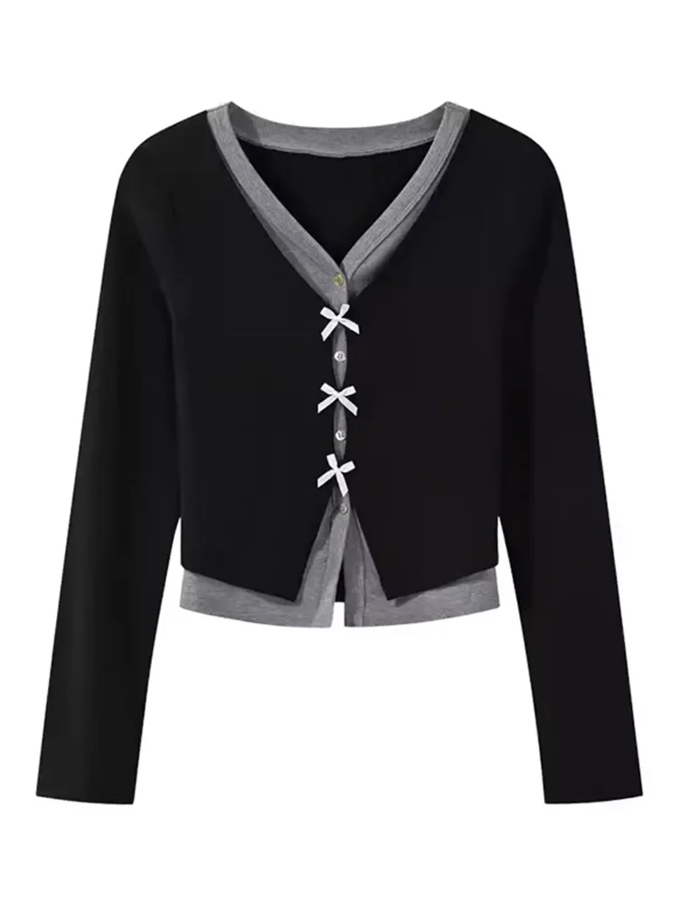 New Women's Fake Two-piece Bow Decorative Long-sleeved T-shirt Retro Casual Single-breasted Top