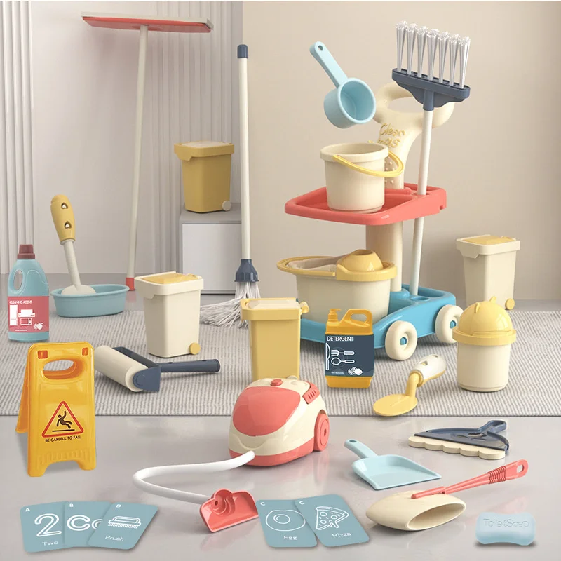 Children's Simulation Cleaning Cart Toy Set Pretend Play Practice Game Housekeeping Cleaning Tools For Kids Educational Toys