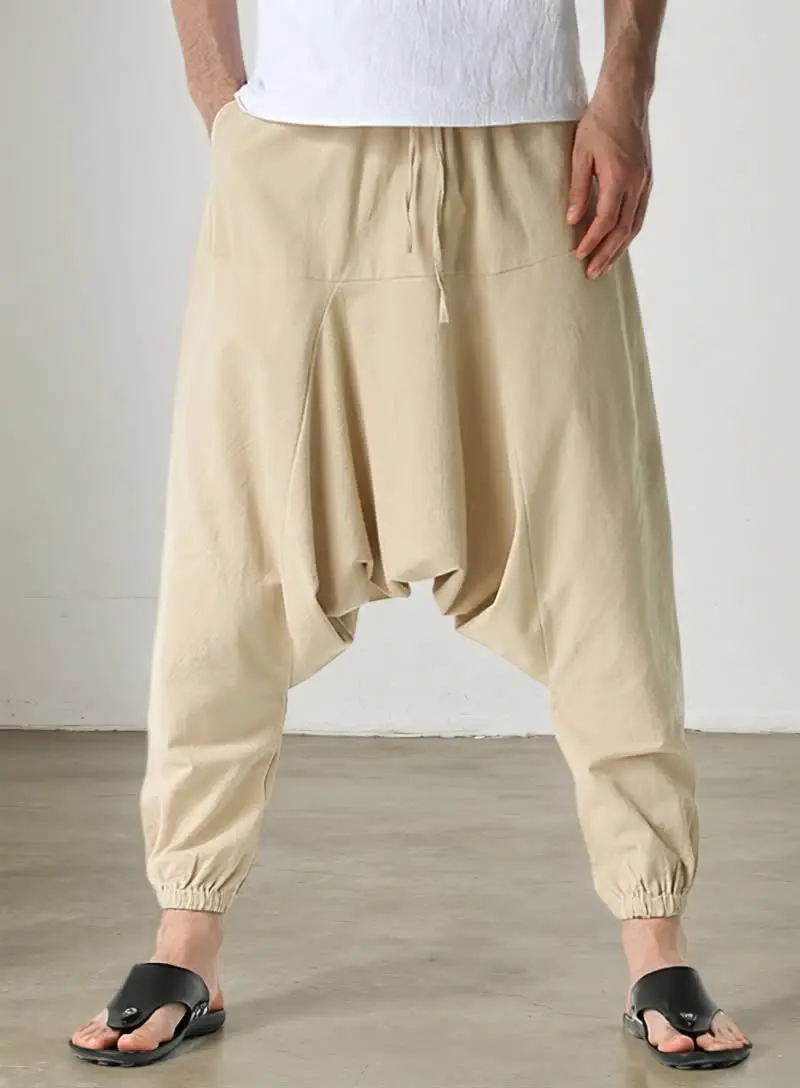 Pantalon De Jogging Ample Homme à Entrejambe Tombant - Coton Et Lin, Léger, Cordon De Serrage - Style Hippie, Yoga, Décontracté