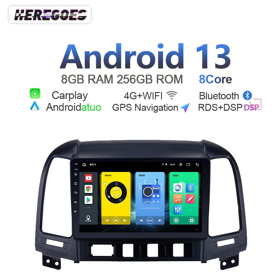 720P Android 13 Auto Radio Für Hyundai Santa Fe 2006-2012 Carplay GPS Navigation Stereo Bluetooth 4G LTE wifi Multimedia Player