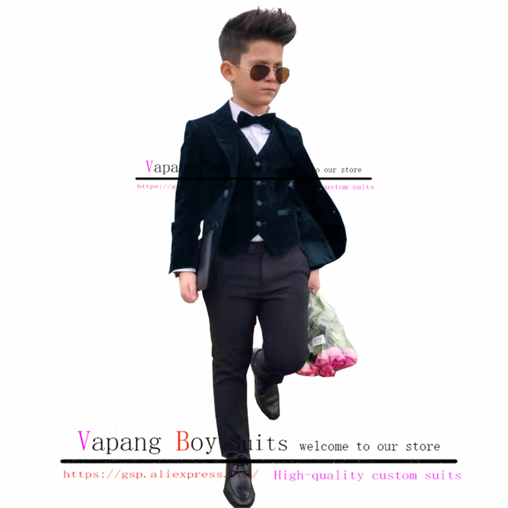 Velvet Boys Suit Jacket Vest Pants 3 Piece Wedding Tuxedo Black Formal Kids Blazer Fashion 2-16 Years Clothes