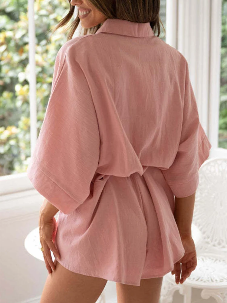 Casual Beach Loose Batwing Sleeve Women Wide Leg Romper Cotton Belt Turn Down Collar Shirt White Playsuit Overall Summer
