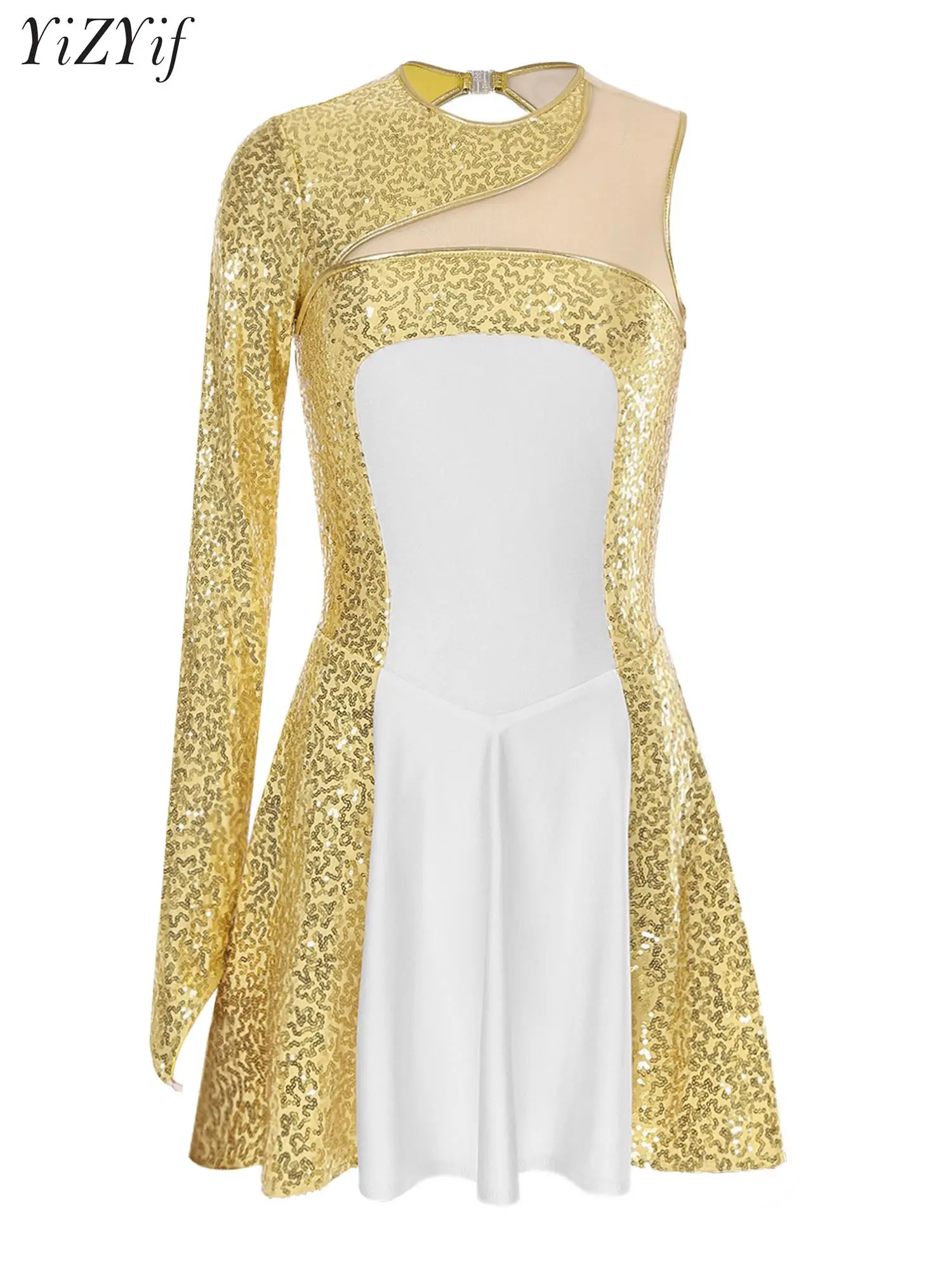 

Women Sparkly Sequins Modern Dance Stage Performance Costume One Shoulder Cutout Back Dress Dancewear for Figure Skating Ballet