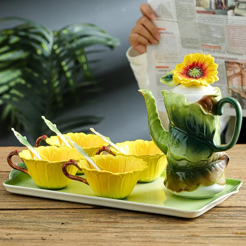 Enamel Craft Ceramic Tea Set Crockery Coffee Cup And Saucers Pastoral Flower Series Afternoontea Drinkware With Cups Holder