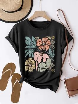 Women'S Floral Graphic Print T-Shirt Casual Crew Neck Short Sleeve Top Knit Fabric Regular Length All-Season Fashion Clothing 1