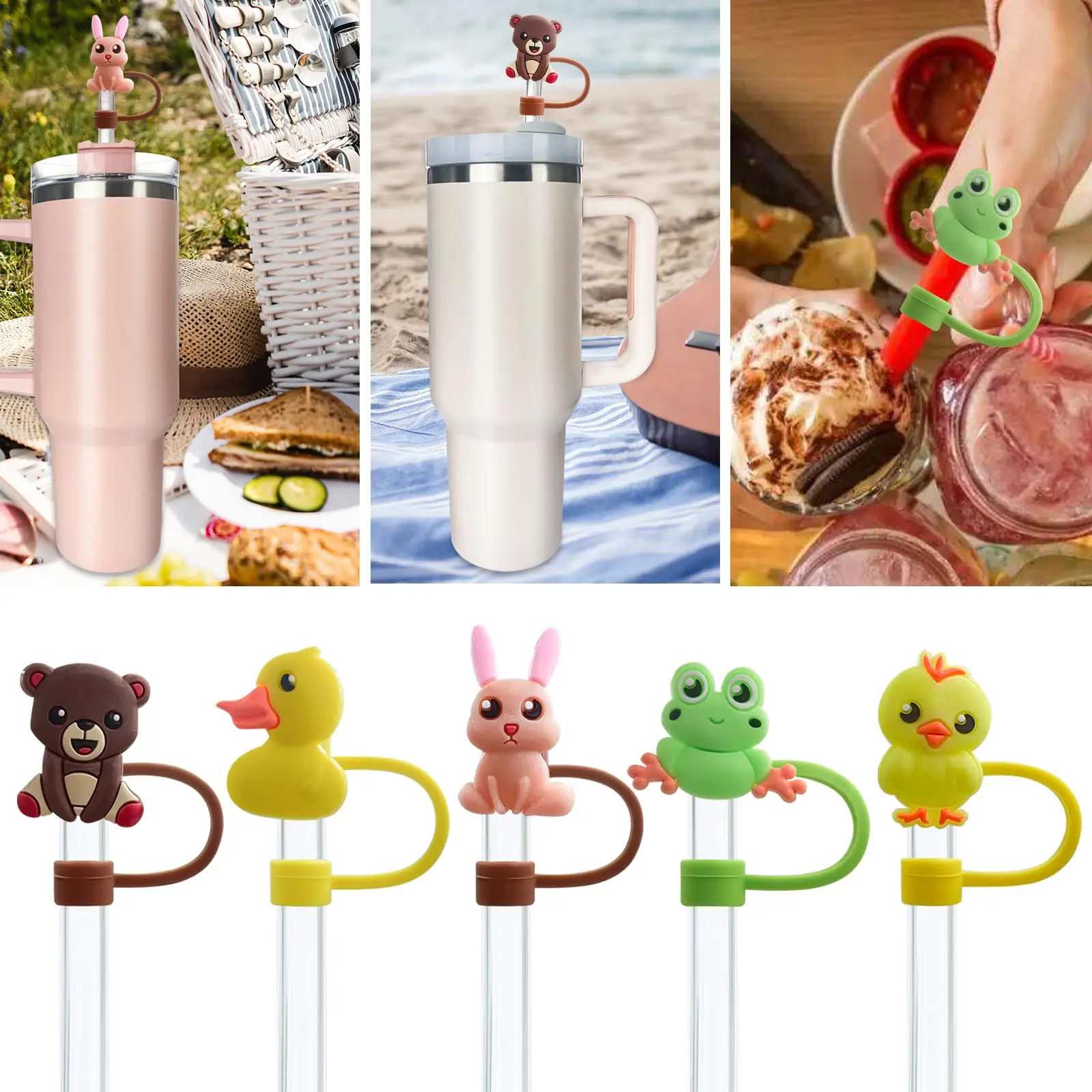 5pcs, Straw Tips Cover, Reusable Straw Toppers, 10mm Cartoon Animals Straw  Cover For Stanley 30&40 Oz Tumbler, Silicone Straw Topper For Stanley Cups