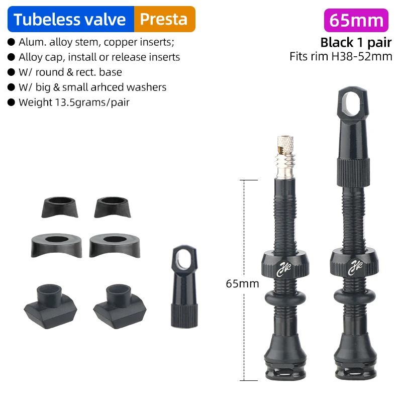 Tubeless Tire Valve for Carbon Rims with Detachable Brass Core and Cap - Multiple Sizes Available