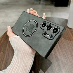 Magnetic Leather Case with 3D Maple Leaf Design and Wireless Mag - safe Compatibility for All - round Camera Protection (Dark Gray)