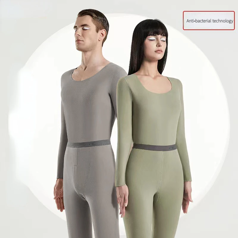

Thermal Underwear Set Women Men Winter Warm Shirt Round Neck Seamless Tracksuit Fleece Pair Solid Antibacterial Ladies Clothing
