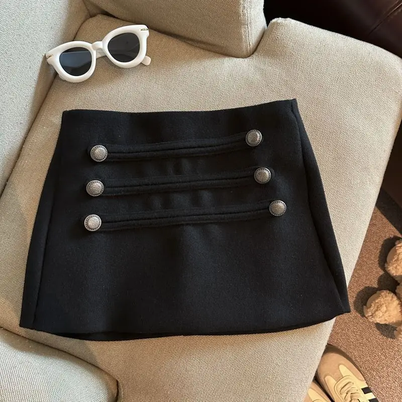Matakawa Woolen Skirts for Women Solid Buttons A-line Elegant Mini Skirt Versatile Korean Fashion Retro Ropa De Mujer