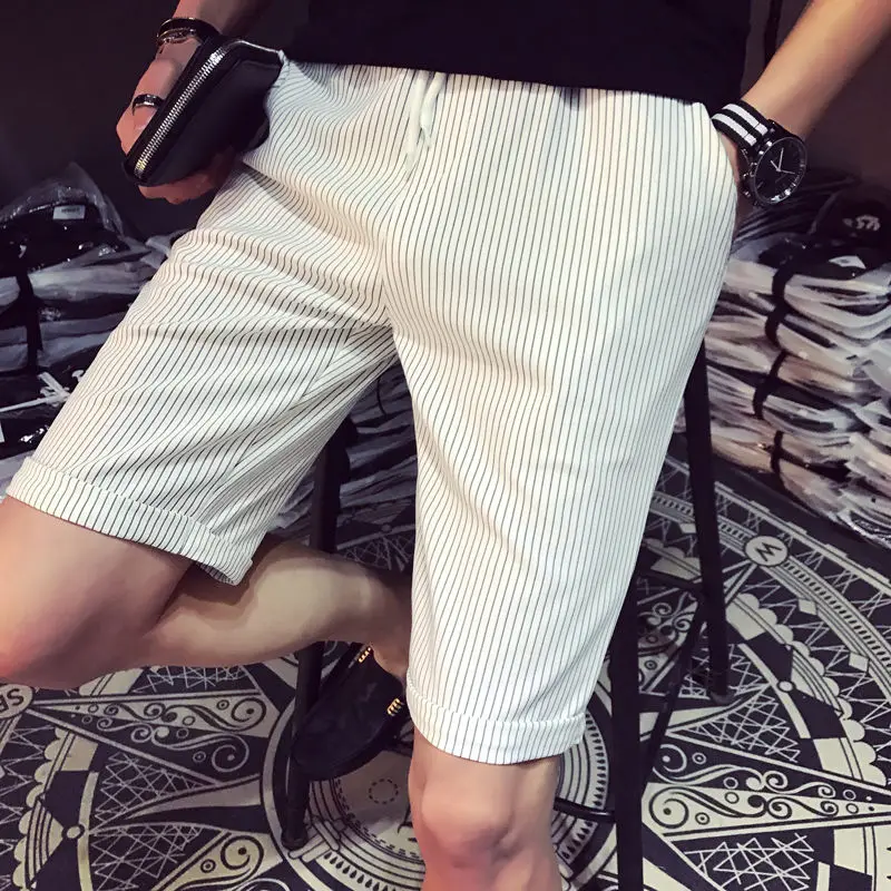 2023 Summer New High Street Striped Pockets Drawstring Straight Pants Man Korean Style Slim Thin Style Street Knee Length Shorts