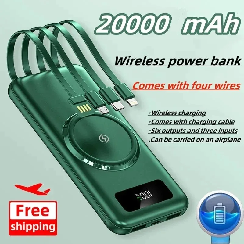 

Wireless Power Bank with Large Capacity of 20000 MAh, Fast Charging Apple Android Universal Built-in Cable Mobile Power Supply