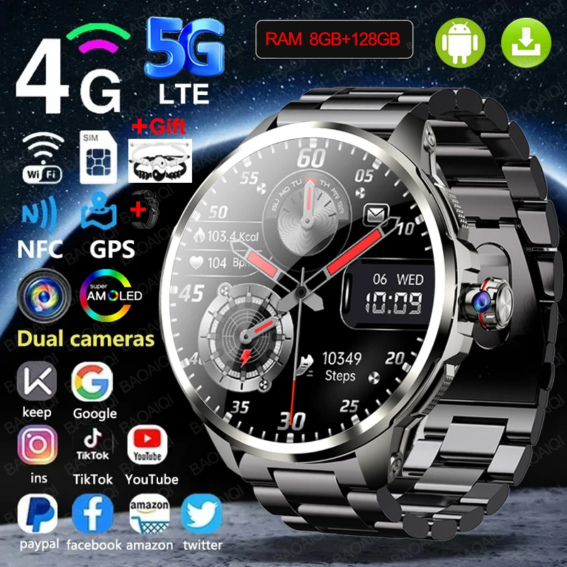 5G/4G All-Network Smart Watch 1.95 inch AMOLED 2100mah Battery 8GB+128GB RAM 900W Camera GPS WIFI Google APP Download Smartwatch 1