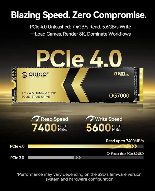 ORICO OG7000 1 تيرابايت 2 تيرابايت PCIe Gen4 NVMe SSD، ما يصل إلى 7400 ميجابايت/ثانية، حل حراري من الجرافين، مثالي لتحرير الفيديو 4K ثلاثي الأبعاد لجهاز PS5