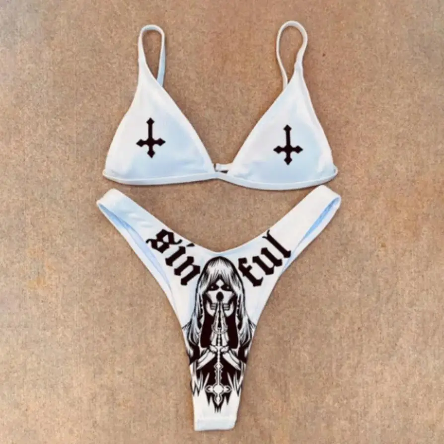 

Yiiciovy Women's Two-Piece Swimwear Set Female Letter Crucifix Print Print Halloween Bikini for Adults Beach Swimming Bikini Set