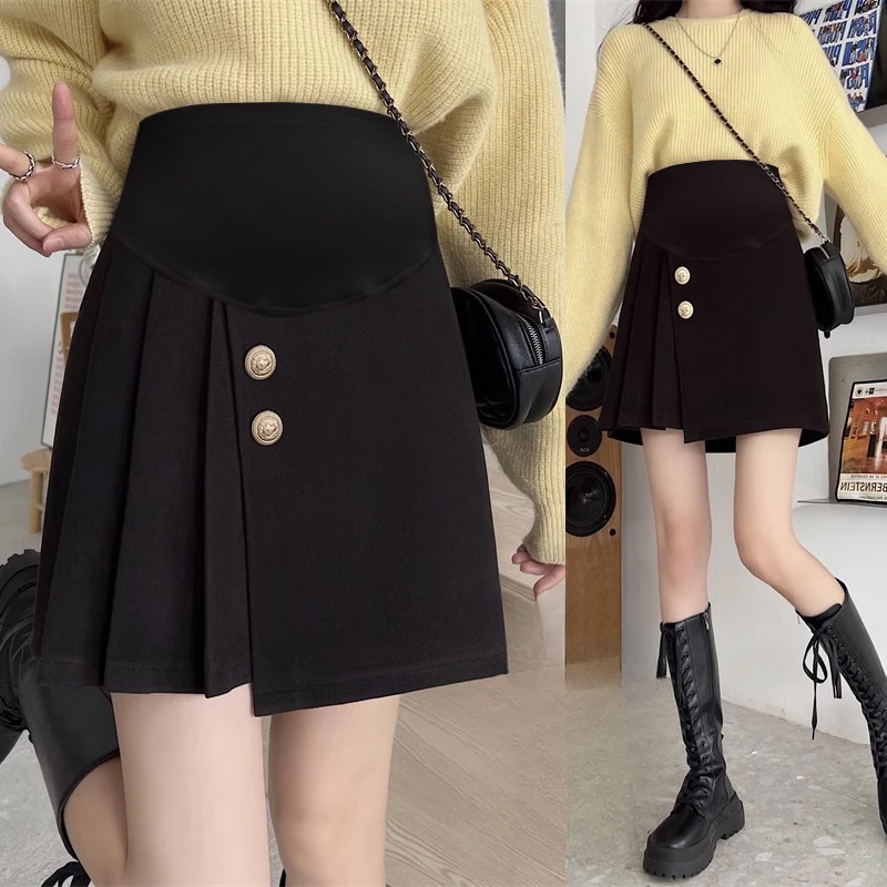 Good Quality Pregnant Woman Winter Woolen Skirt Irregular Side Pleated A-line Skirts Black Maternity Belly Skirt with Buttons