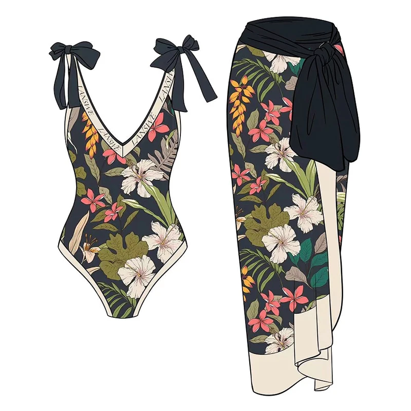 Women Swimsuits One-Piece Swimwear Deep V Bikini Print Floral Bodysuit Cover-Up Swimwear Bathing Suit Backless Swimsuit