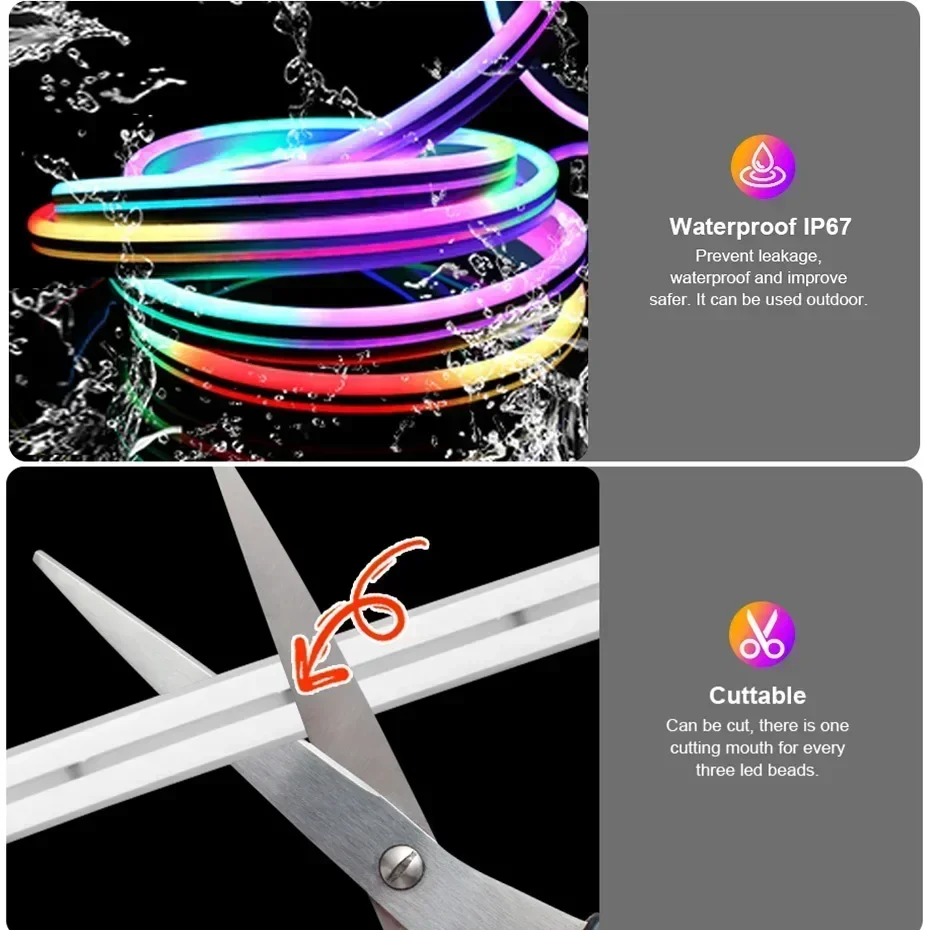 LED Strip Lights TUYA Neon Strip 5-24V Silicone Neon Rope 84LEDs/M Music Sync RGBIC Dreamcolor Chasing For Room