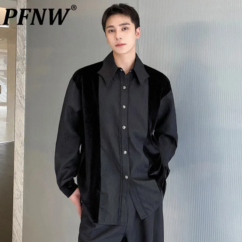 

PFNW Autumn New Fashion Men's Shirt Velvet Patchwork Long Sleeve Loose Korean Ruffian Handsome Casual Tops 2024 Menwear 9C1738